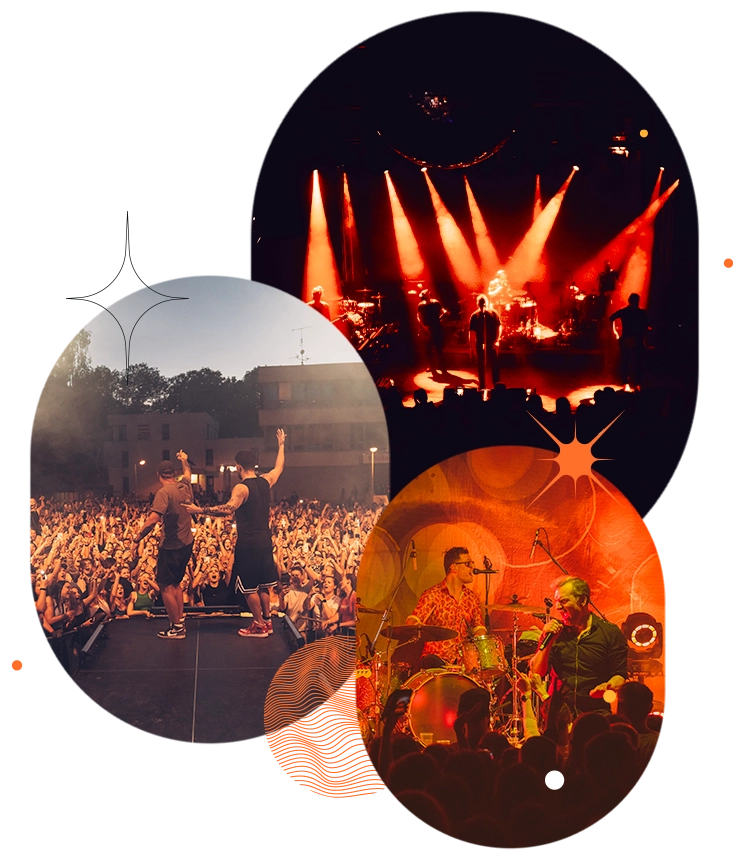 Série fotek z živých koncertů obsahující techniku k pronájmu